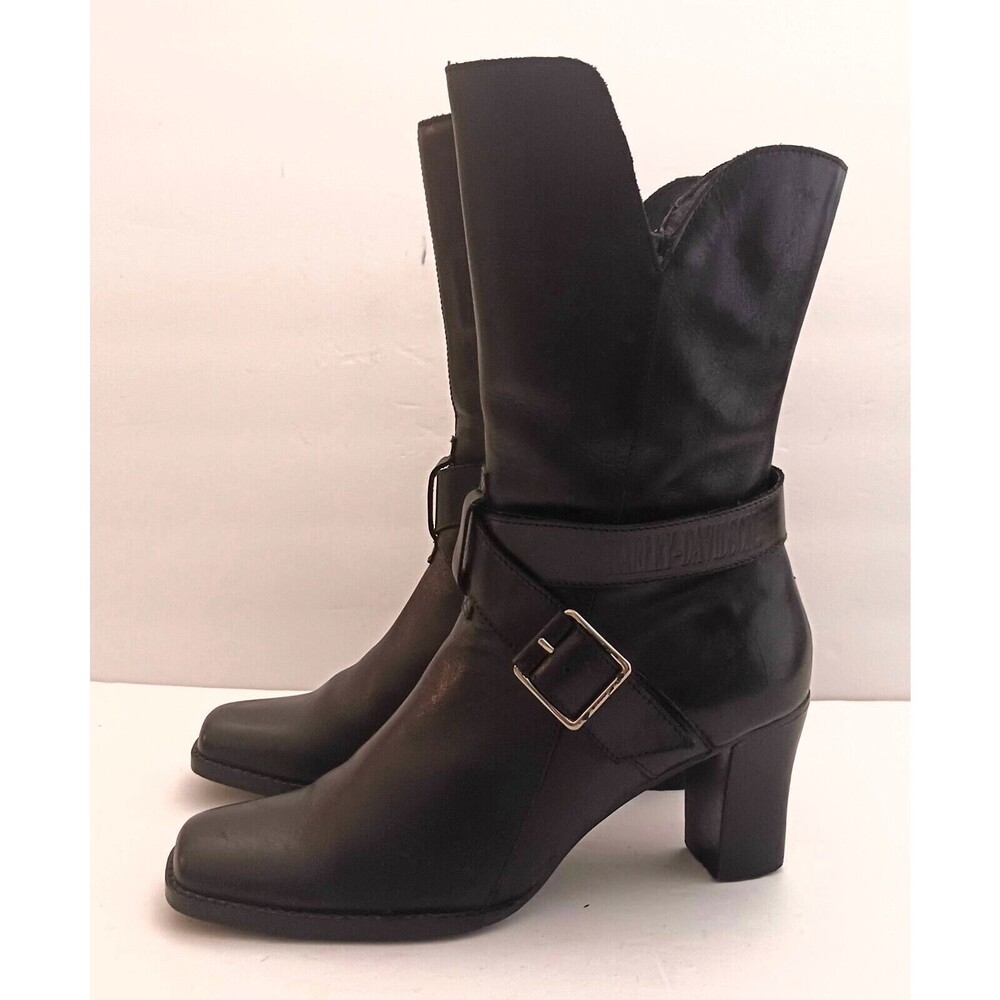 Harley Davidson Natasha Black Leather Harness Strap Block Heeled Biker Boot Sz 6